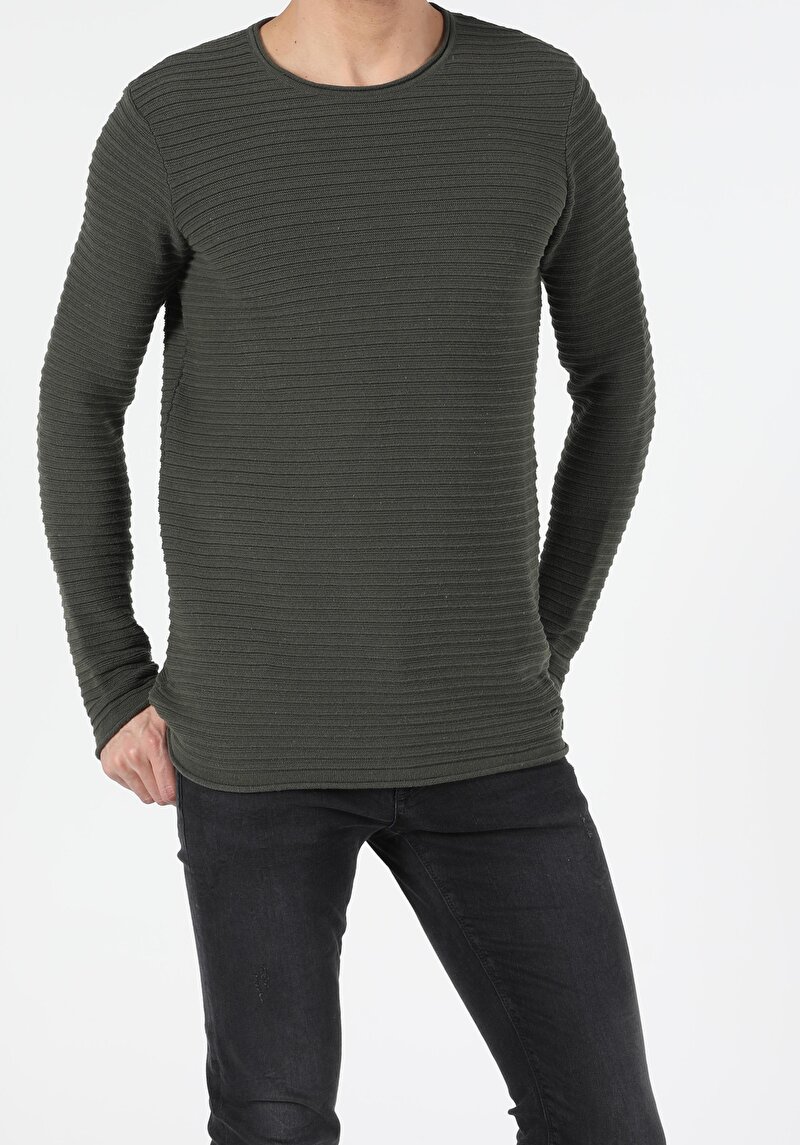 Slim Fit Yuvarlak Yaka Erkek Yeşil Kazak