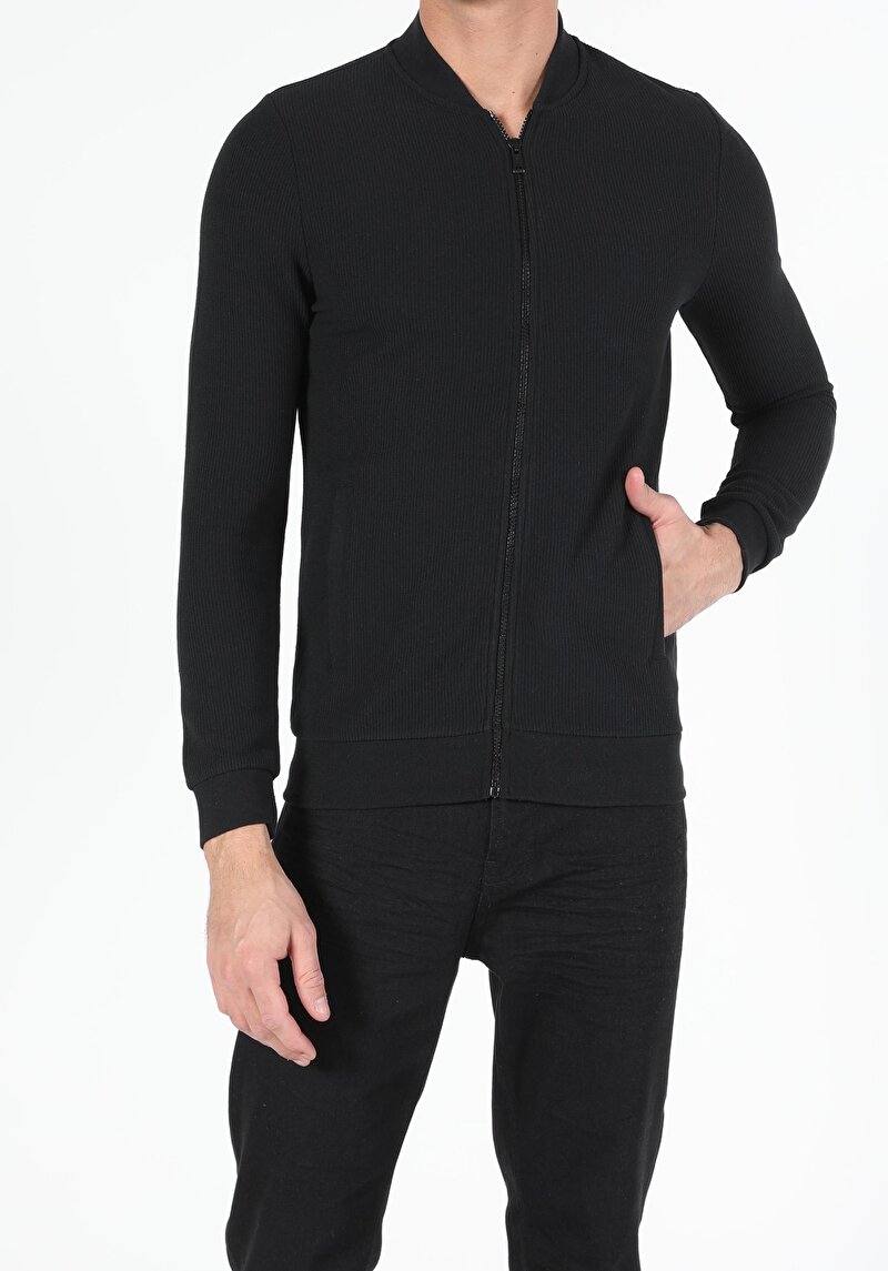 Regular Fit Fermuarlı Erkek Siyah Hırka