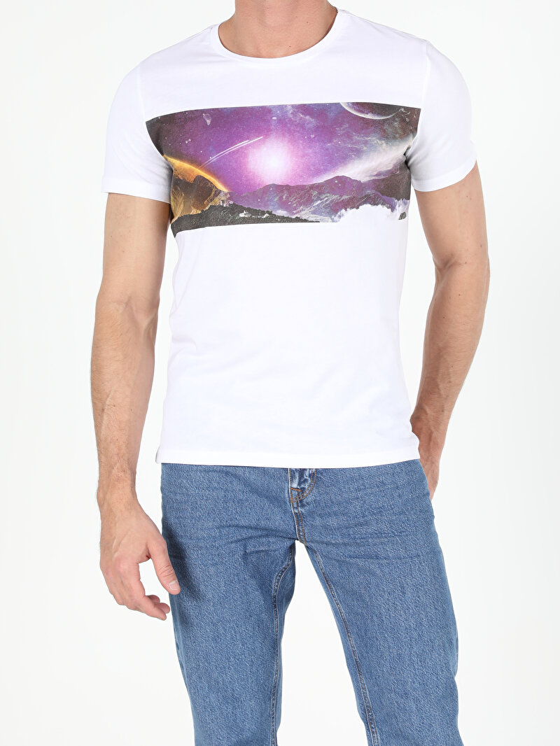 Regular Fit Bisiklet Yaka Örme Erkek Beyaz Kısa Kol Tişört Cl1052483