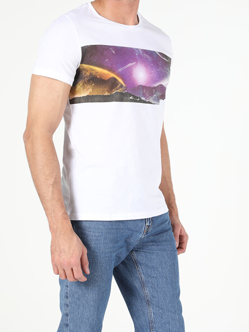 Regular Fit Bisiklet Yaka Örme Erkek Beyaz Kısa Kol Tişört Cl1052483