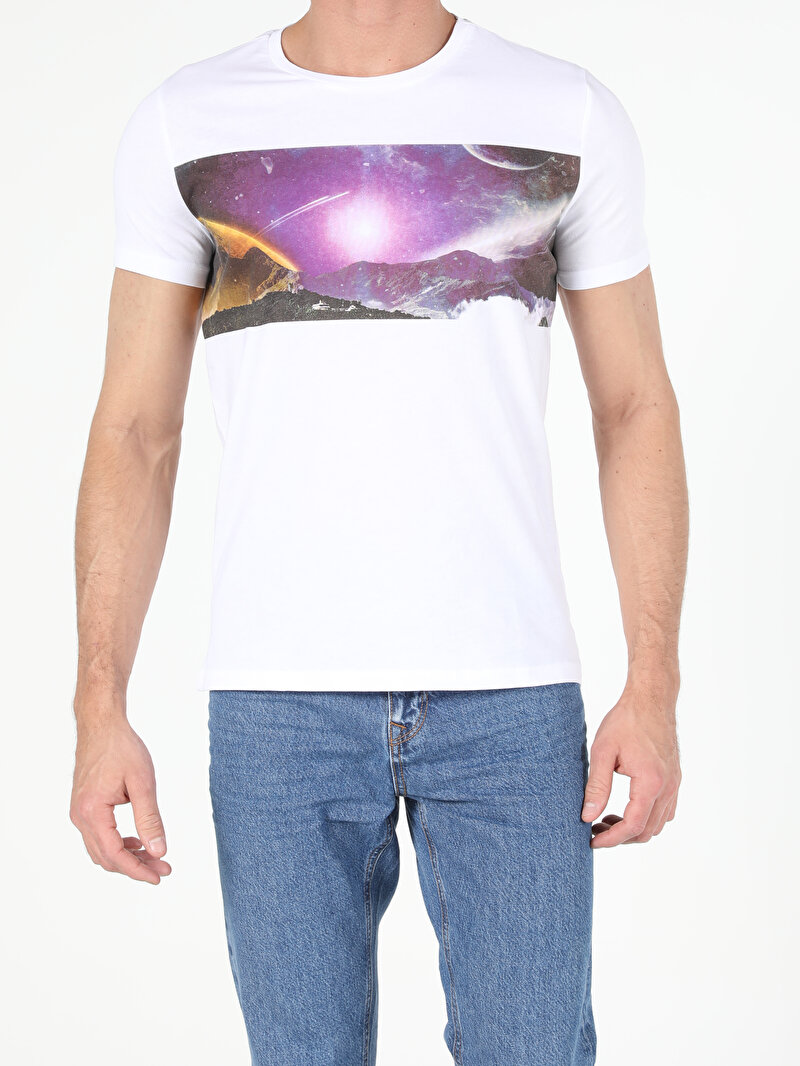 Regular Fit Bisiklet Yaka Örme Erkek Beyaz Kısa Kol Tişört Cl1052483