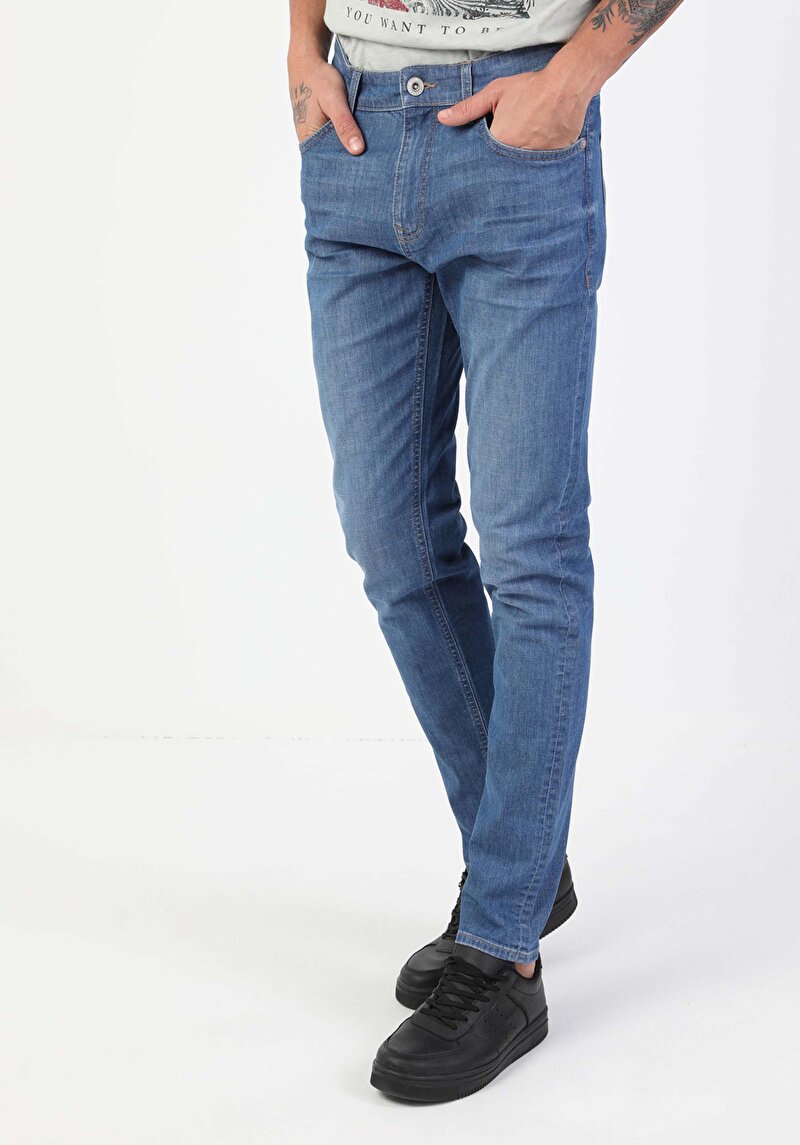 Slim Fit Düşük Bel Dar Paça Erkek İndigo Jean Pantolon