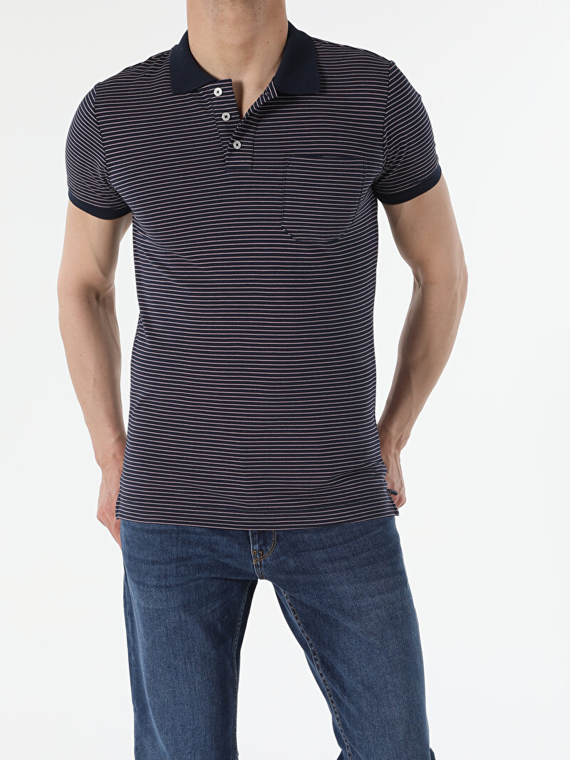 Slim Fit Yuvarlak Yaka Erkek Lacivert Kısa Kol Tişört