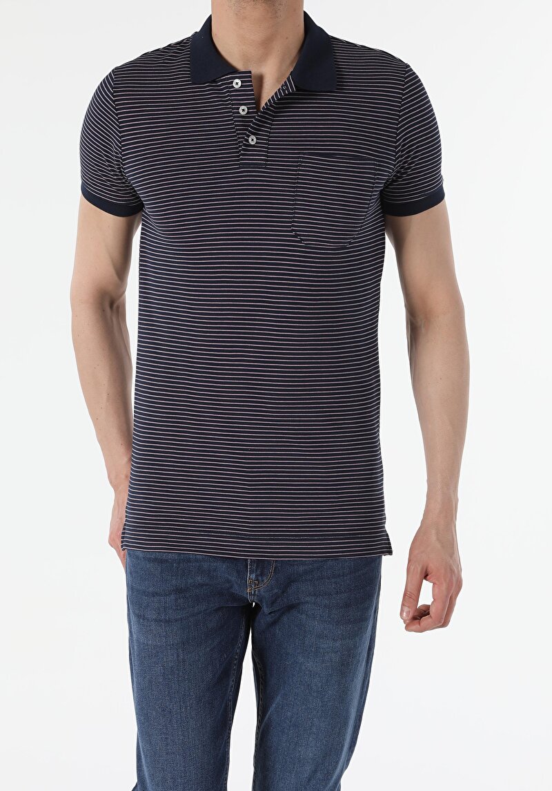 Slim Fit Yuvarlak Yaka Erkek Lacivert Kısa Kol Tişört