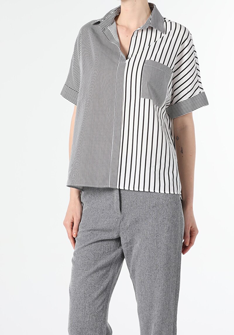  Relaxed Fit Shirt Neck  Kadın Kısa Kol Gömlek