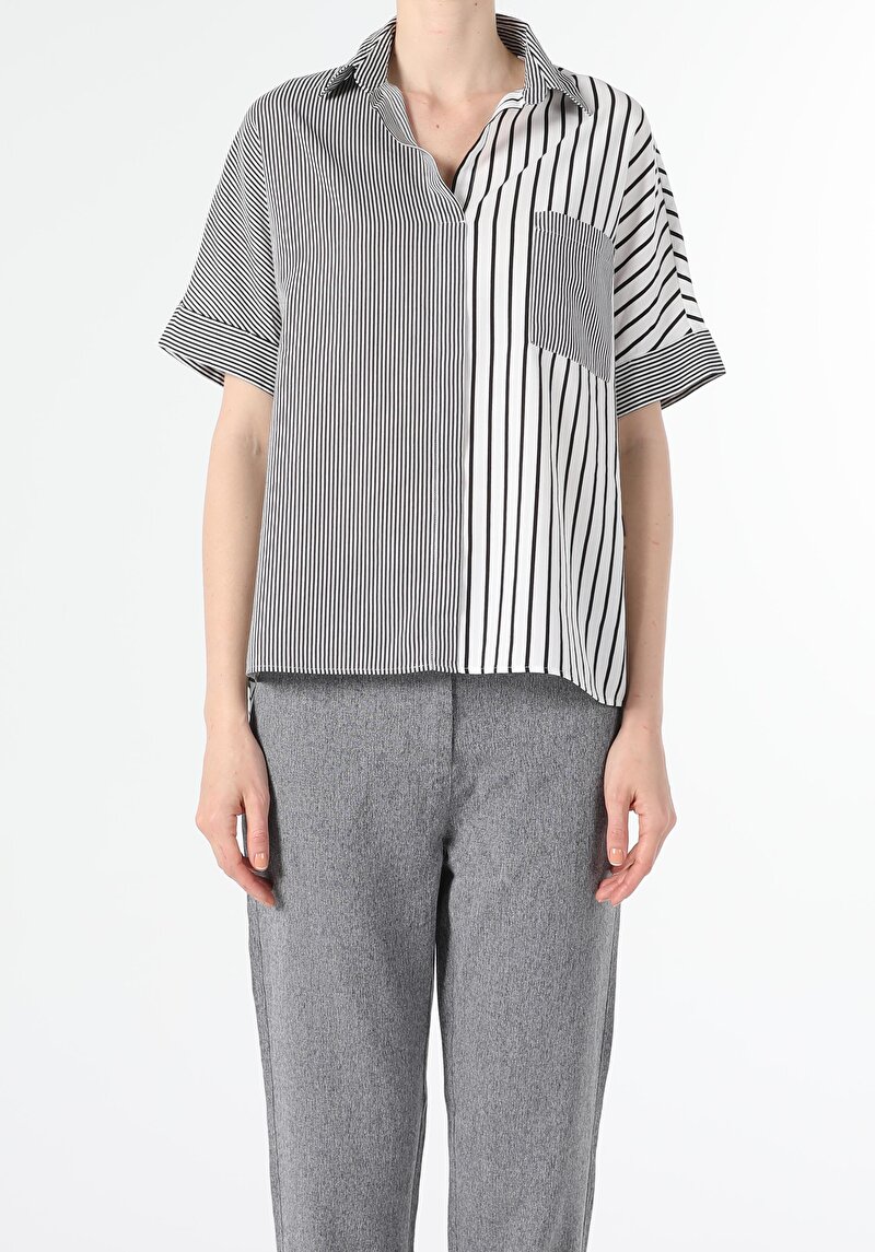  Relaxed Fit Shirt Neck  Kadın Kısa Kol Gömlek