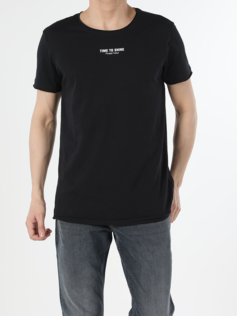 Long Fit Bisiklet Yaka Örme Erkek Siyah Kısa Kol Tişört Cl1053907