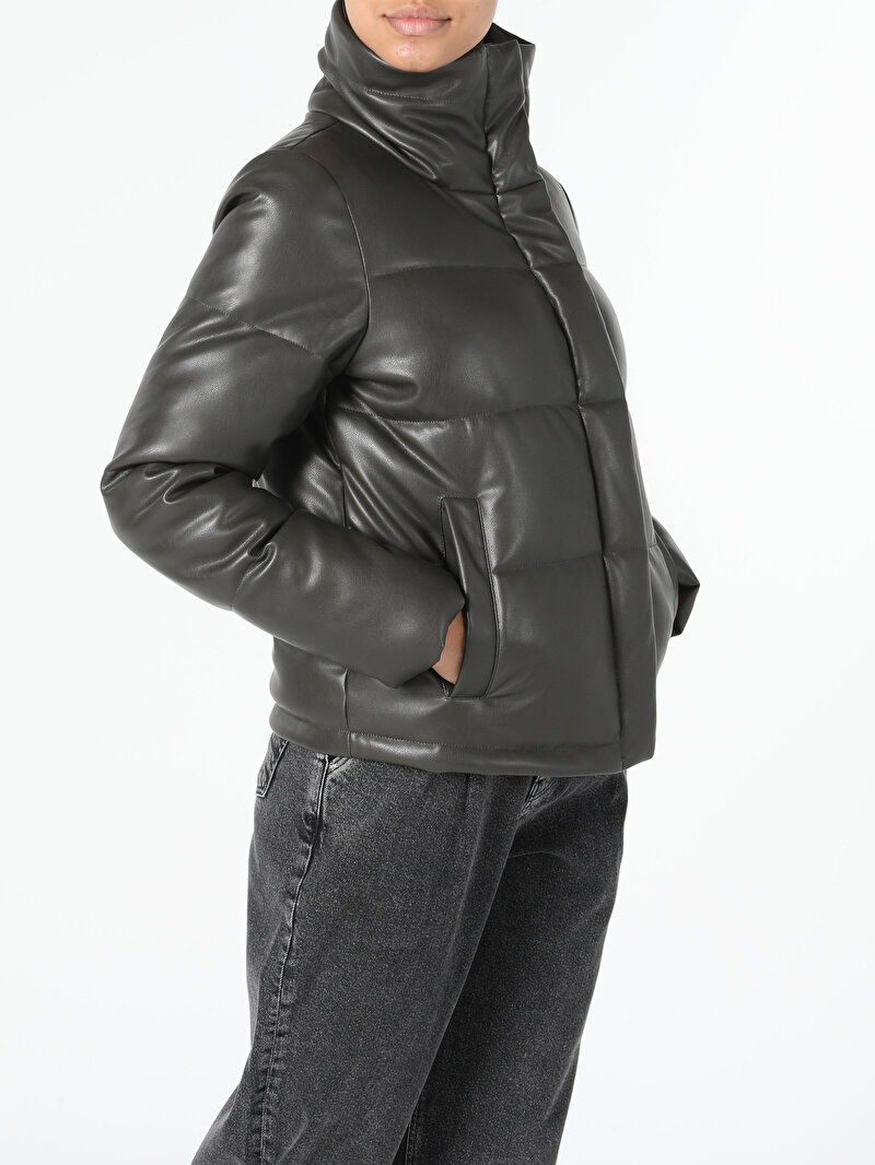 Regular Fit Şişme Haki Kadın Suni Deri Mont Pu