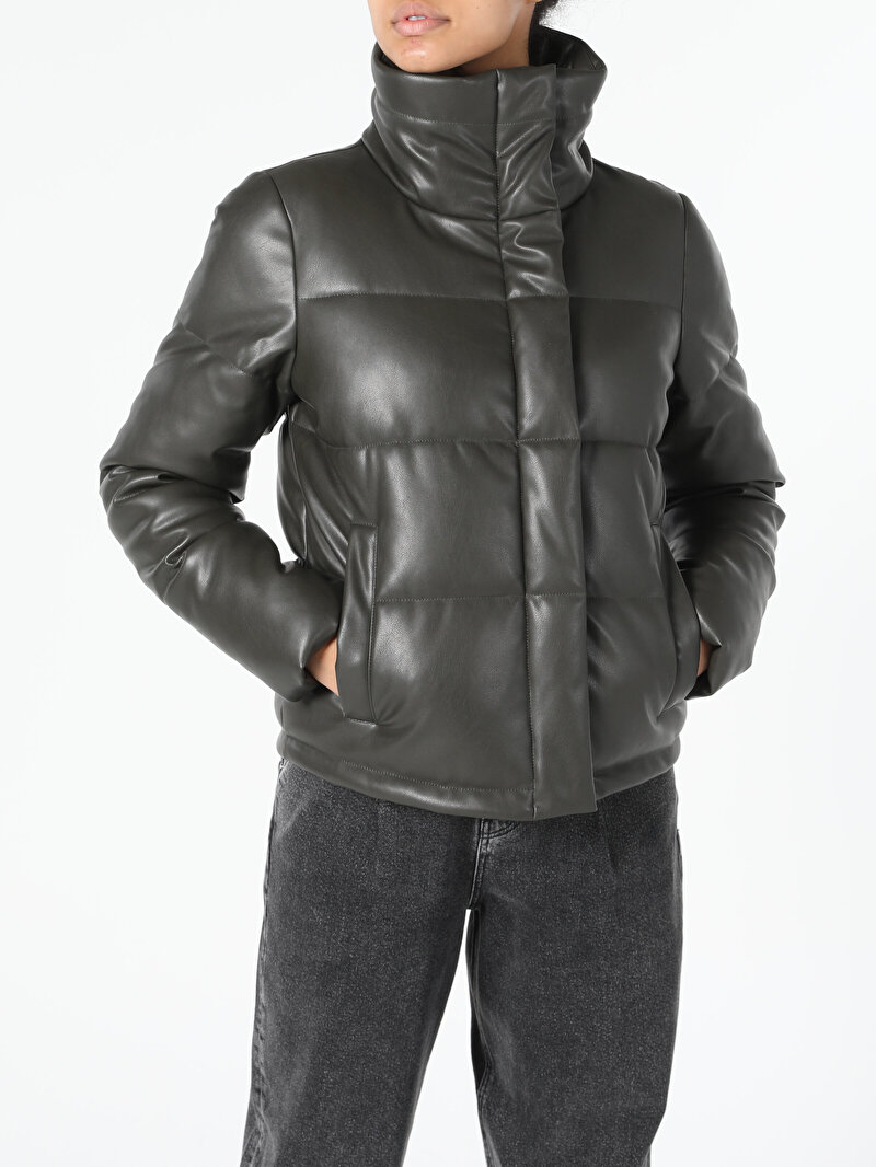 Regular Fit Şişme Haki Kadın Suni Deri Mont Pu