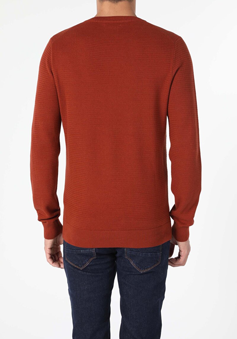 Regular Fit Yuvarlak Yaka Jakarlı Erkek Kahverengi Kazak