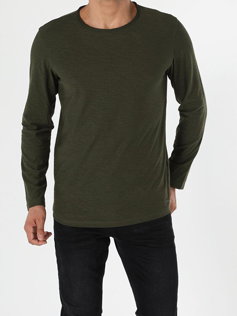 Regular Fit Yuvarlak Yaka Düz Erkek Yeşil Uzun Kol Tişört