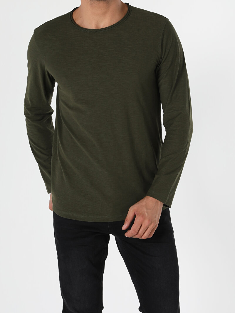 Regular Fit Yuvarlak Yaka Düz Erkek Yeşil Uzun Kol Tişört