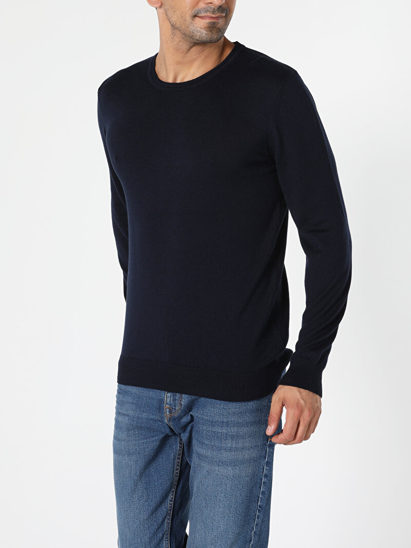 Regular Fit Yuvarlak Yaka Erkek Lacivert Kazak