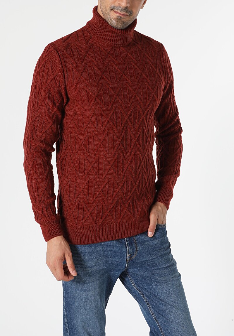 Slim Fit Balıkçı Yaka Erkek Kahverengi Kazak