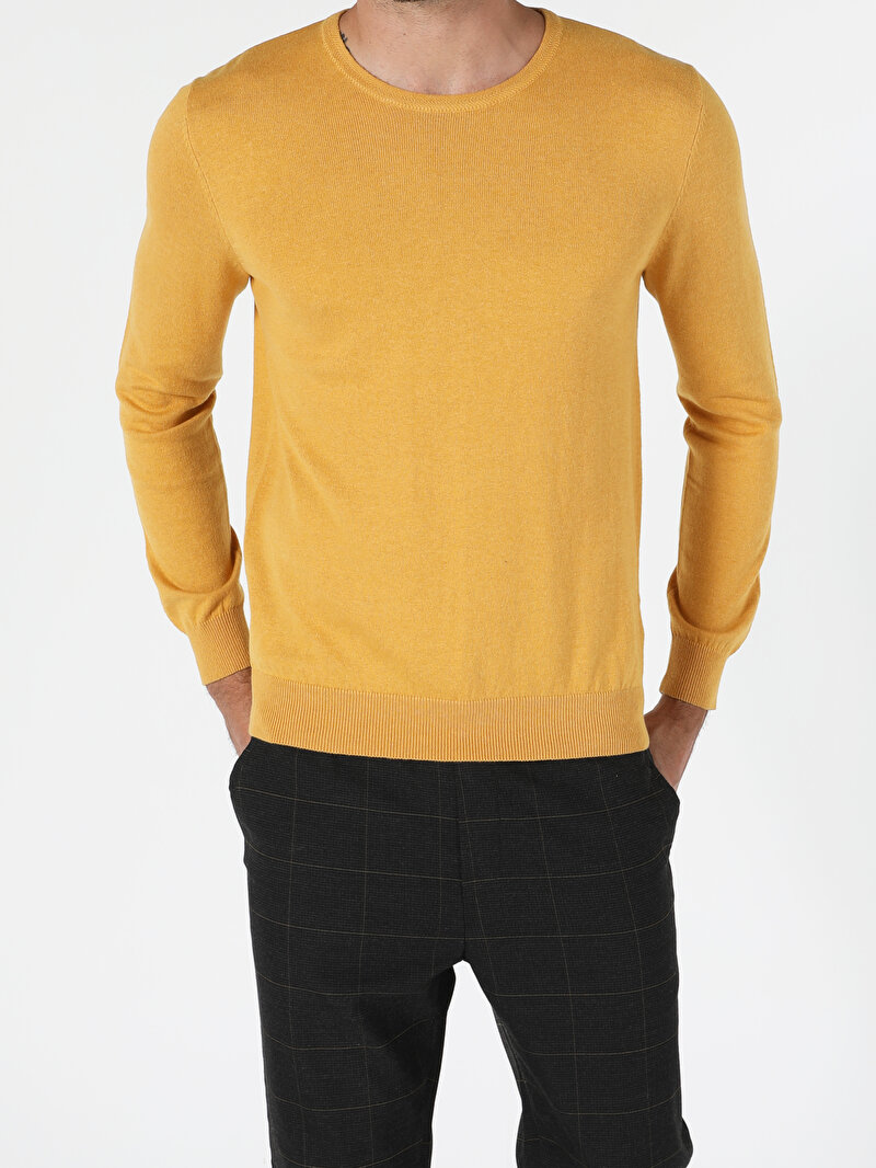 Regular Fit Yuvarlak Yaka Erkek Sari Kazak