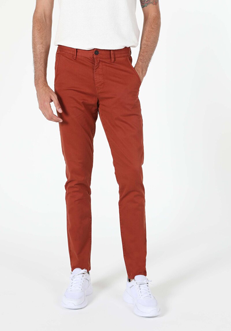 Slim Fit Orta Bel Düz Paça Erkek Turuncu Pantolon