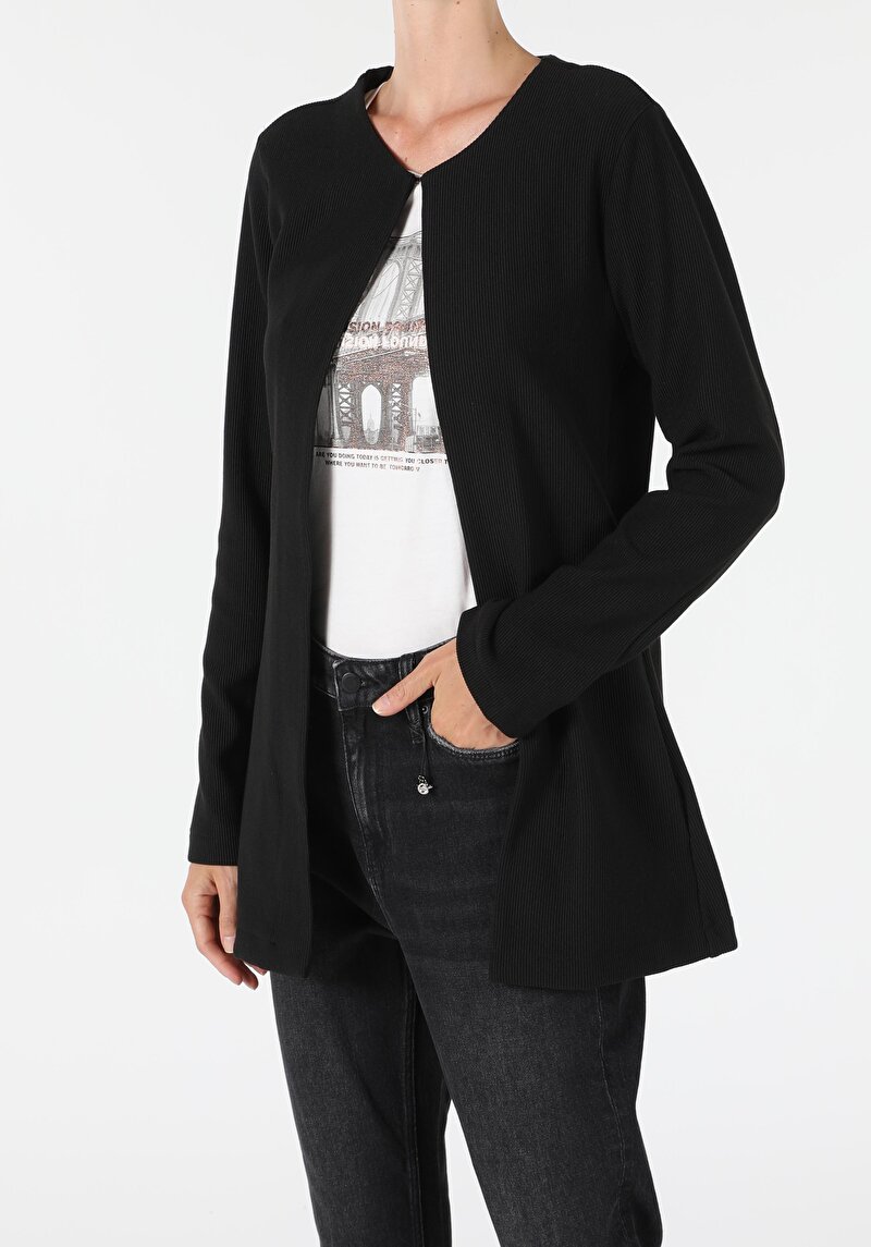 Regular Fit Örme Kadın Siyah Ceket