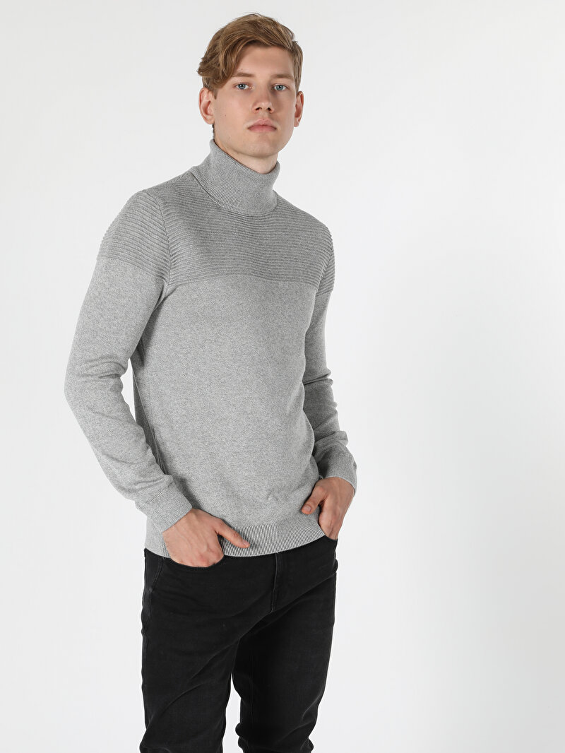 Slim Fit Yarım Balıkçı Yaka Erkek Gri Kazak