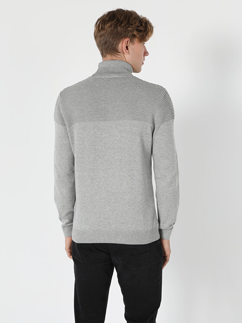 Slim Fit Yarım Balıkçı Yaka Erkek Gri Kazak