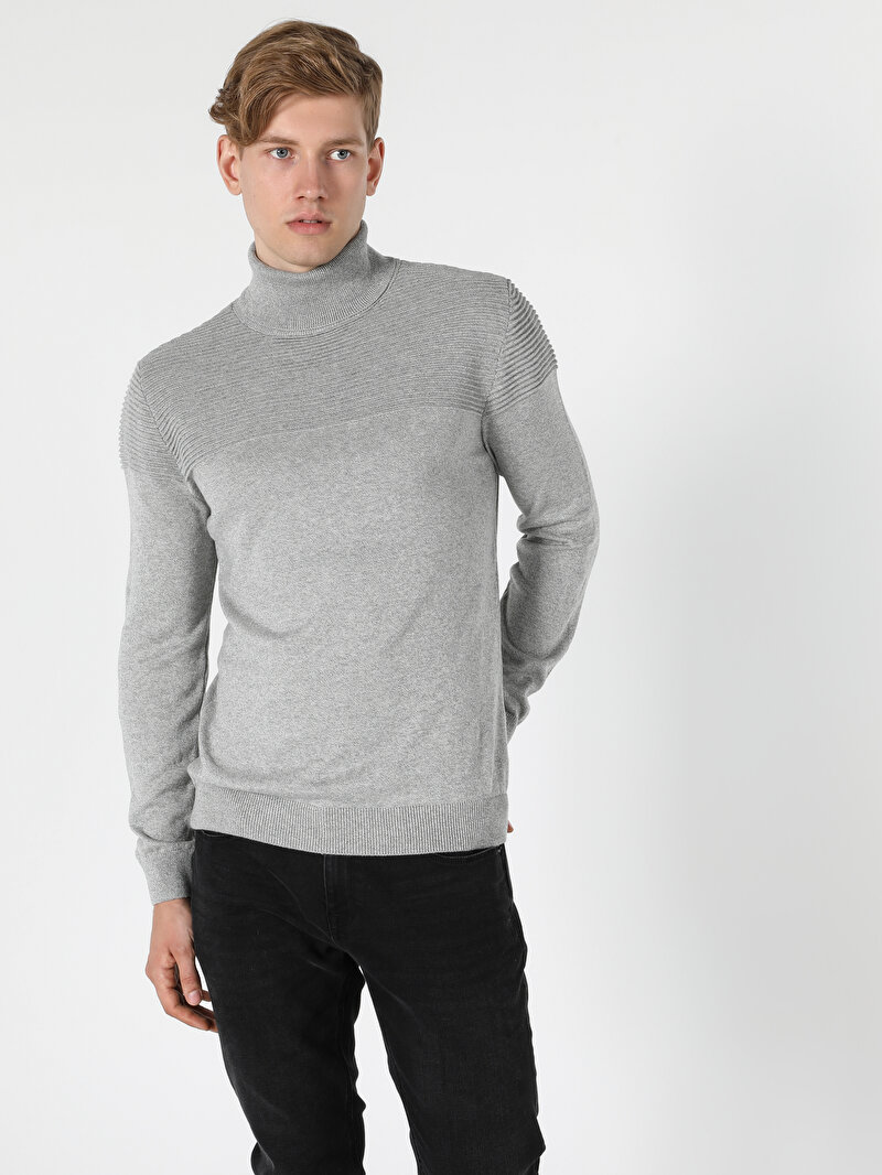 Slim Fit Yarım Balıkçı Yaka Erkek Gri Kazak