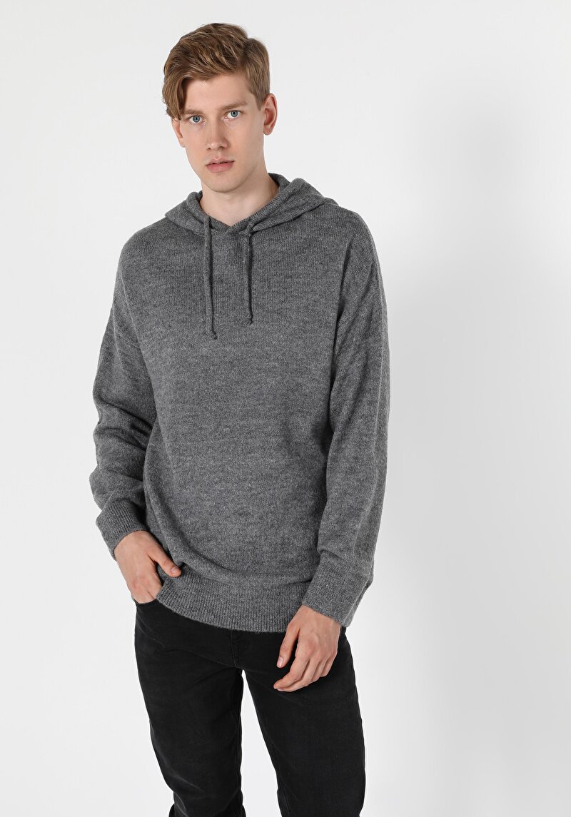 Regular Fit Kapüşonlu Erkek Gri Kazak