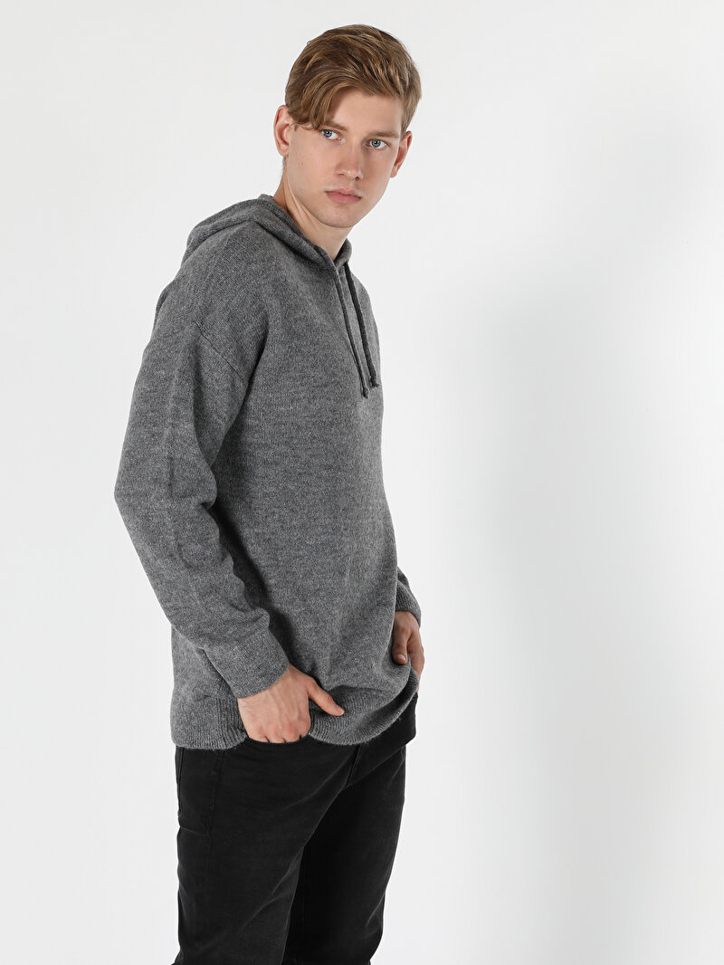 Regular Fit Kapüşonlu Erkek Gri Kazak