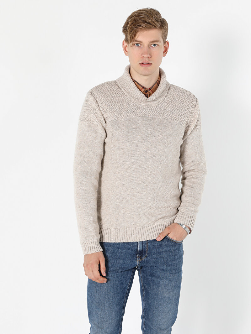 Regular Fit Sal Yaka Erkek Beyaz Kazak