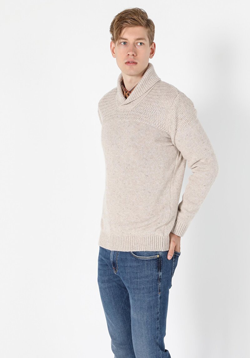 Regular Fit Sal Yaka Erkek Beyaz Kazak