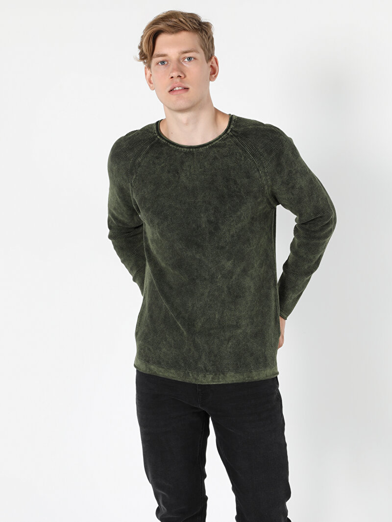 Slim Fit Yuvarlak Yaka Erkek Yeşil Kazak