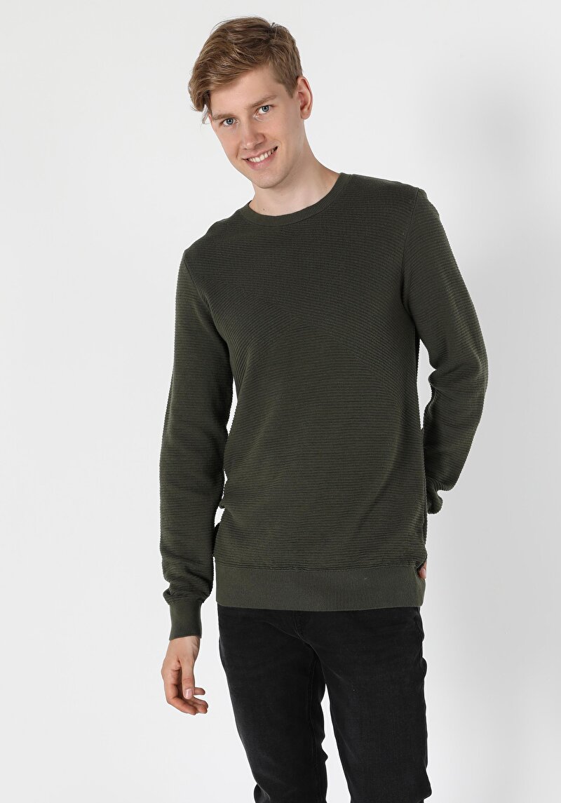 Regular Fit Yuvarlak Yaka Erkek Yeşil Triko Kazak