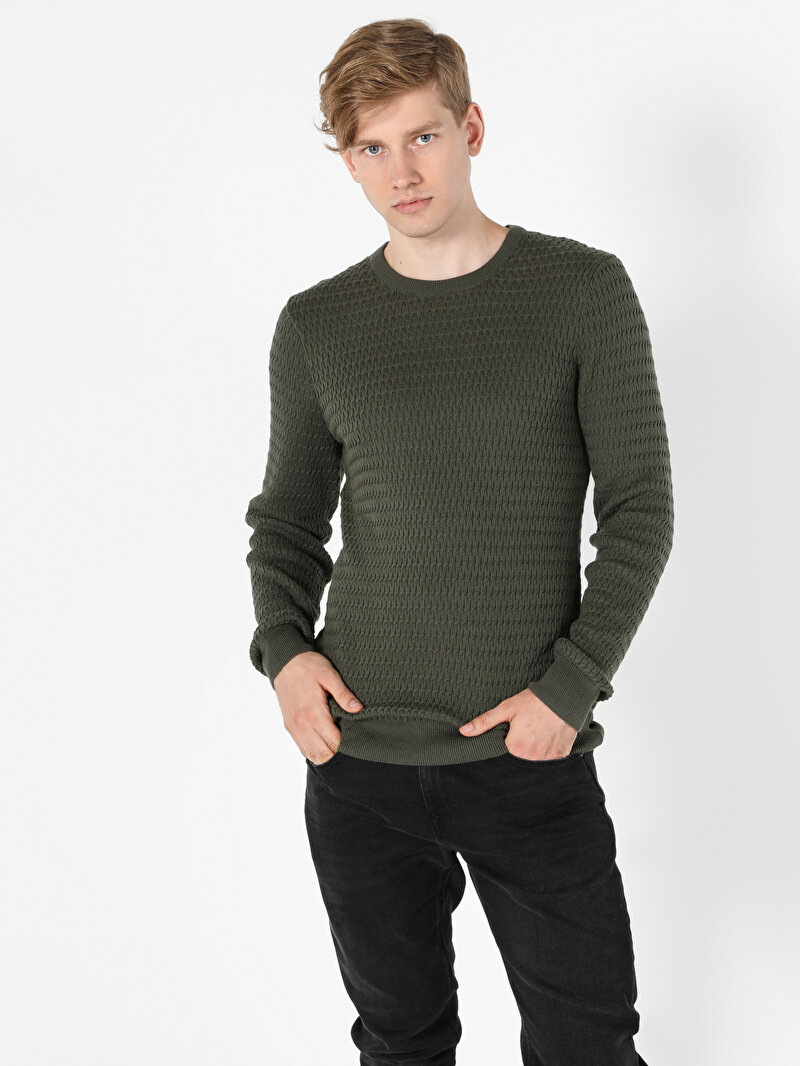 Slim Fit Yuvarlak Yaka Erkek Yeşil Kazak