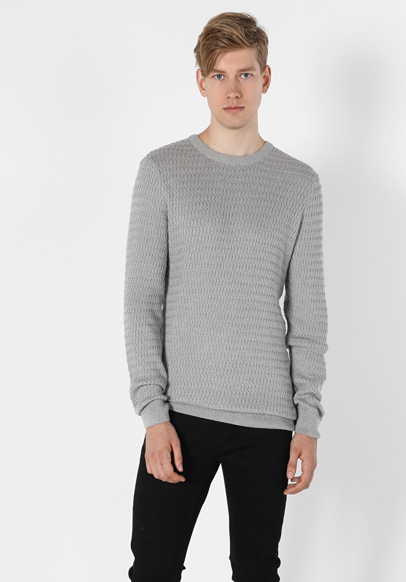 Slim Fit Yuvarlak Yaka Pamuklu Erkek Gri Kazak