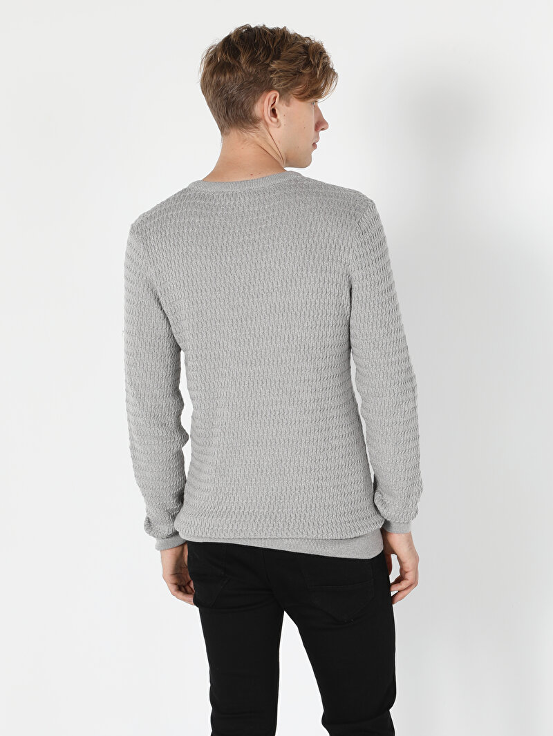 Slim Fit Yuvarlak Yaka Pamuklu Erkek Gri Kazak