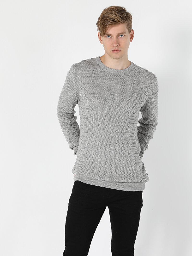 Slim Fit Yuvarlak Yaka Pamuklu Erkek Gri Kazak