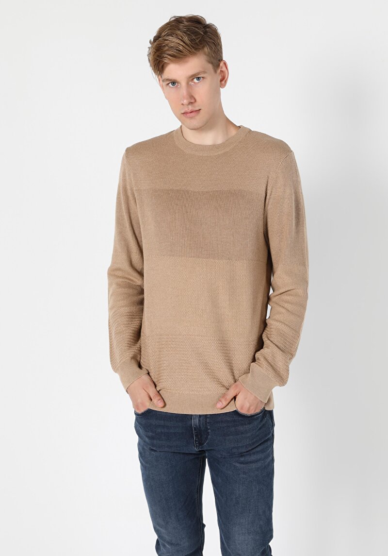 Regular Fit Yuvarlak Yaka Erkek Bej Kazak