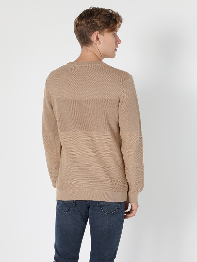 Regular Fit Yuvarlak Yaka Erkek Bej Kazak