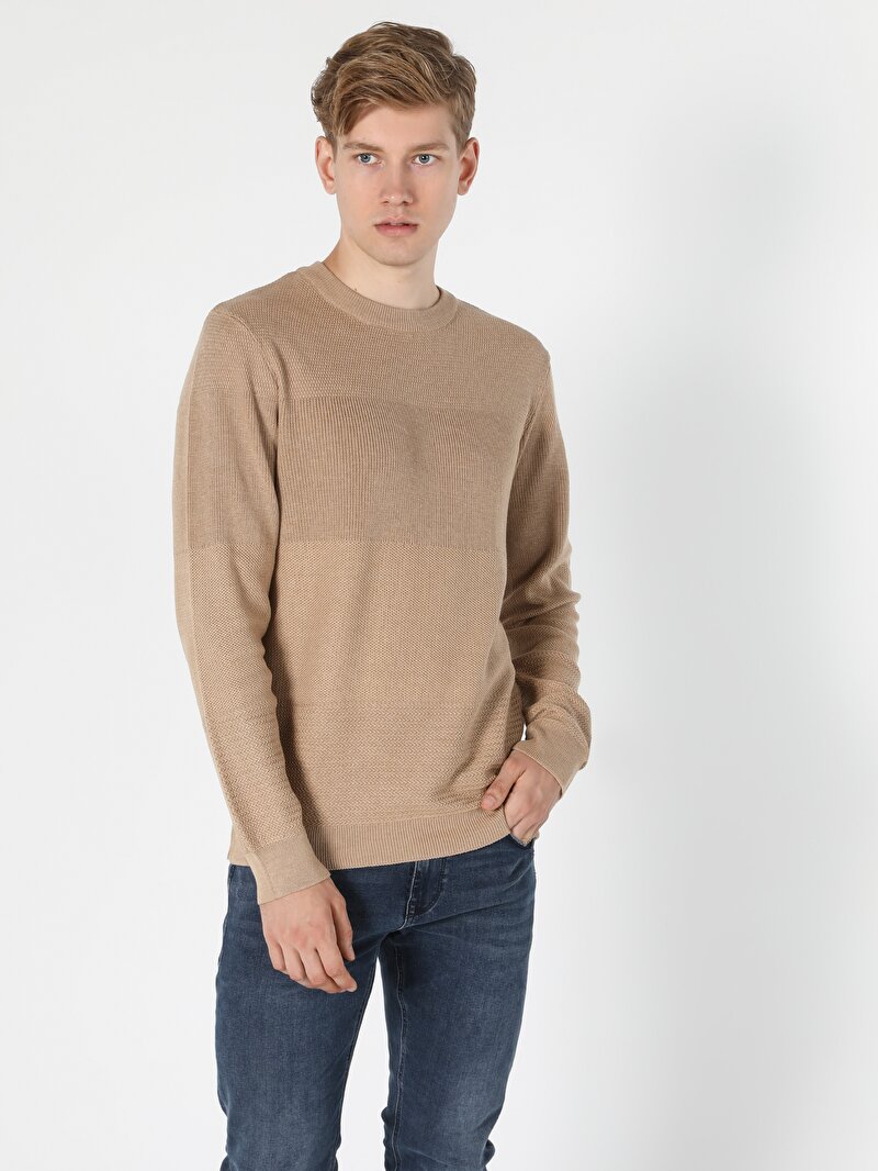 Regular Fit Yuvarlak Yaka Erkek Bej Kazak
