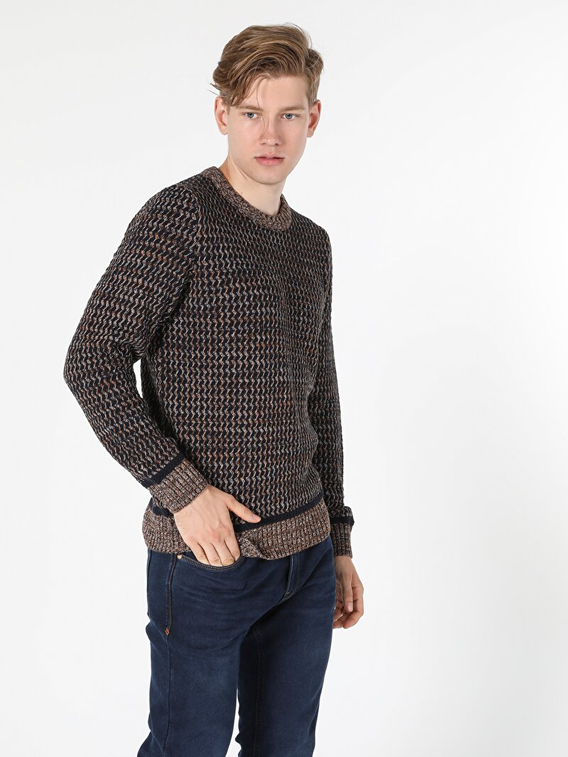 Regular Fit Yuvarlak Yaka Pamuk Karışımlı Erkek Bej Kazak