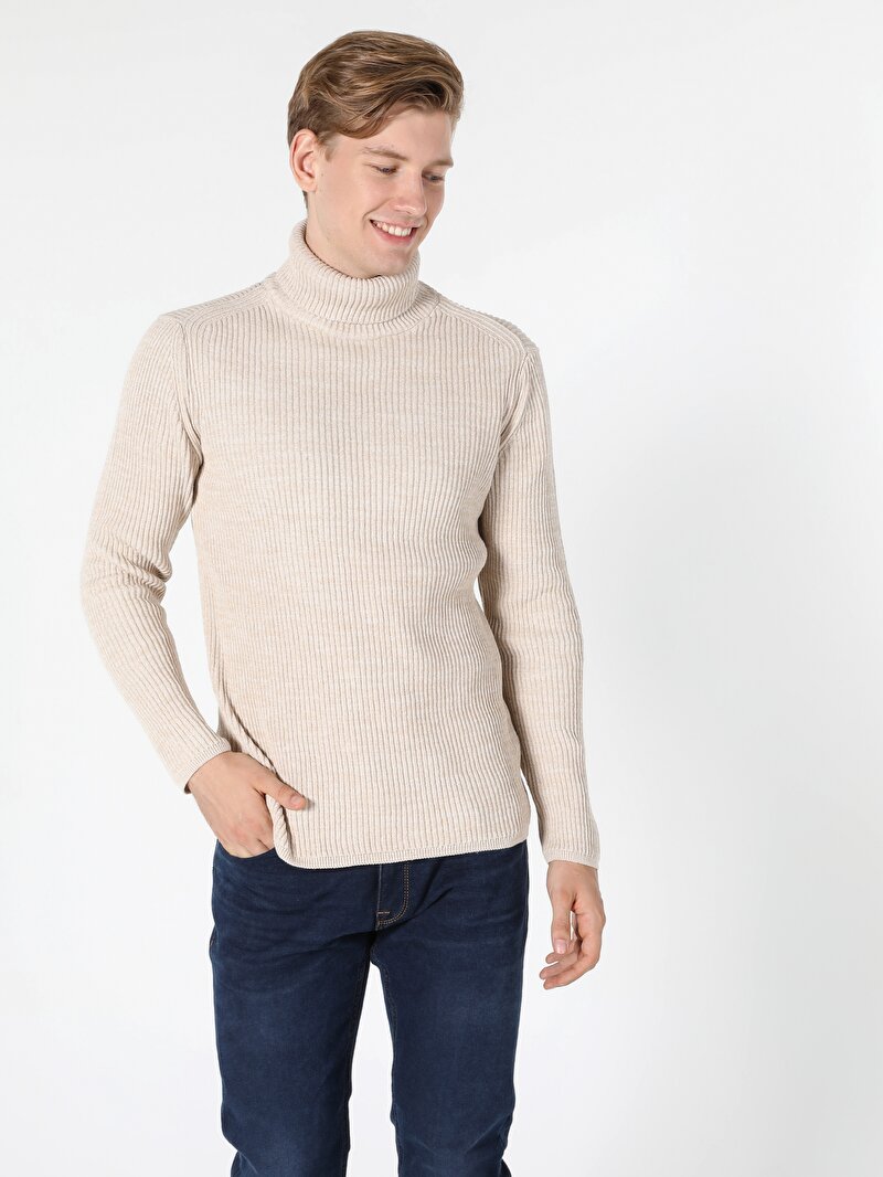 Slim Fit Balıkçı Yaka Erkek Bej Kazak