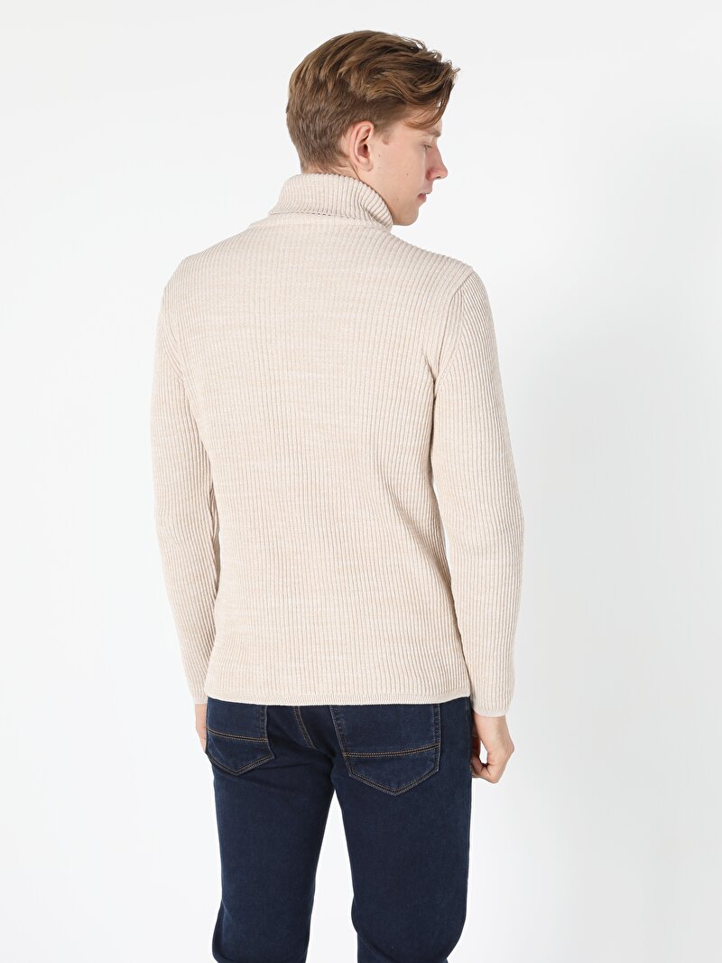 Slim Fit Balıkçı Yaka Erkek Bej Kazak