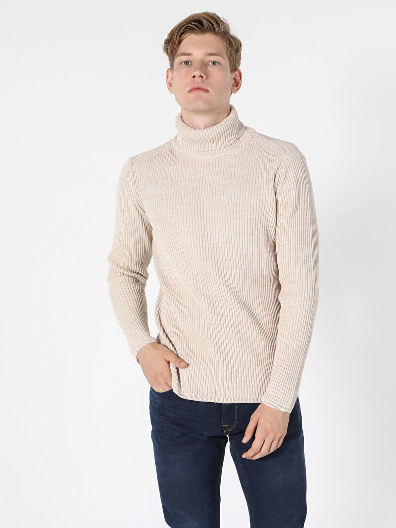 Slim Fit Balıkçı Yaka Erkek Bej Kazak