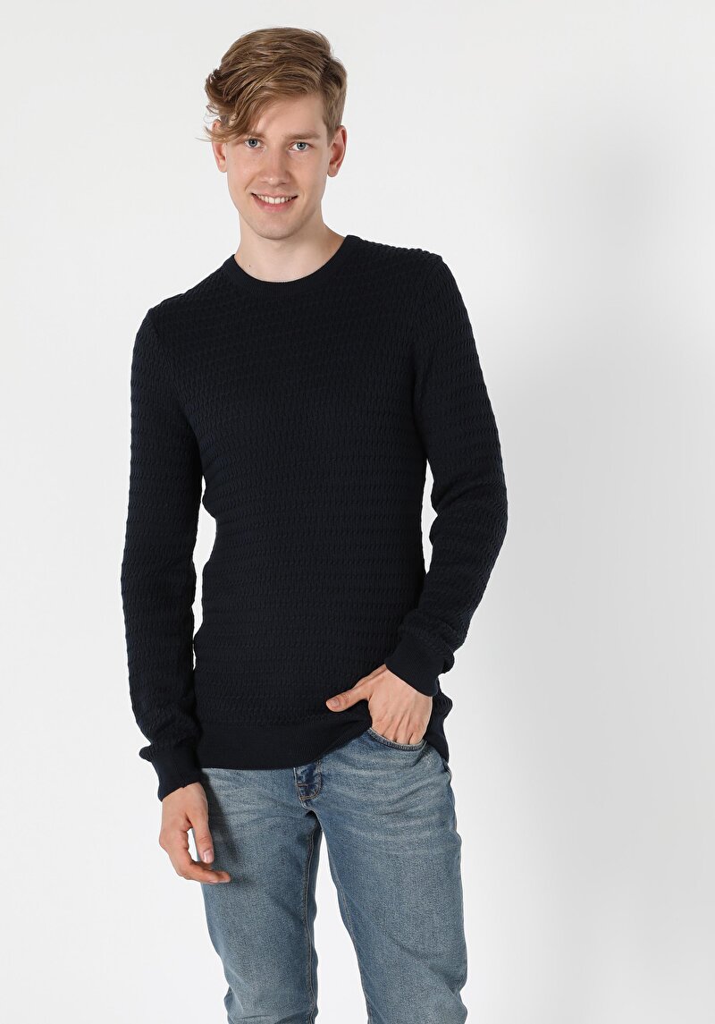 Slim Fit Yuvarlak Yaka Erkek Lacivert Kazak
