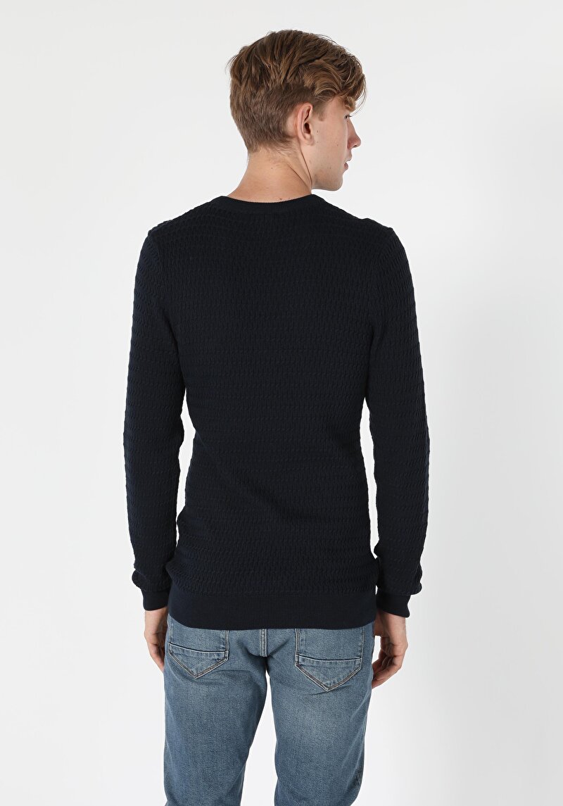 Slim Fit Yuvarlak Yaka Erkek Lacivert Kazak