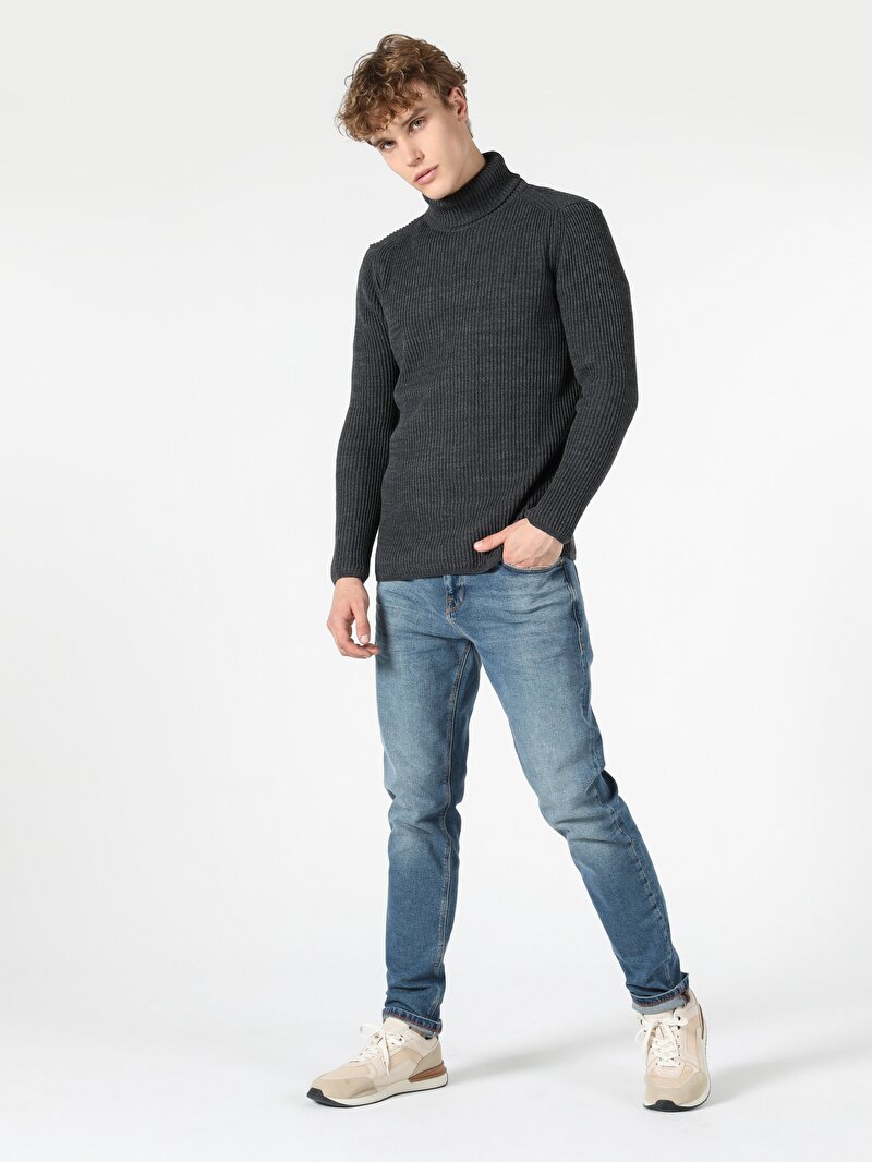 Slim Fit Balıkçı Yaka Erkek Antrasit Kazak