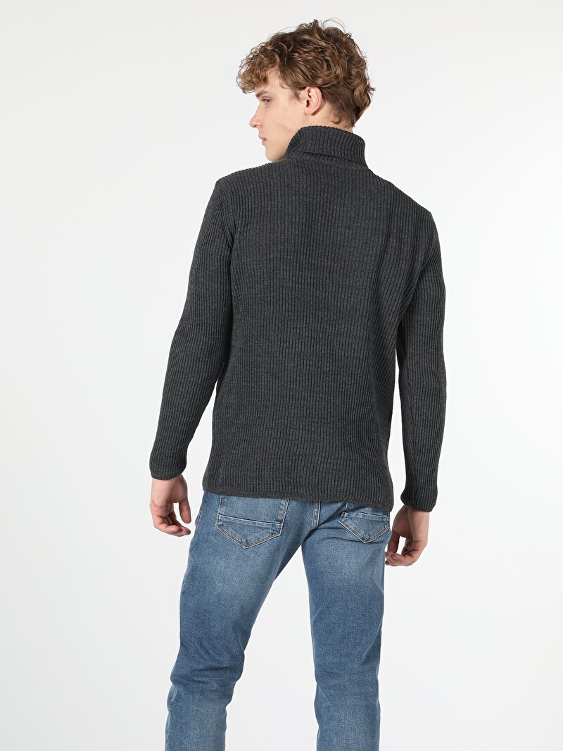 Slim Fit Balıkçı Yaka Erkek Antrasit Kazak