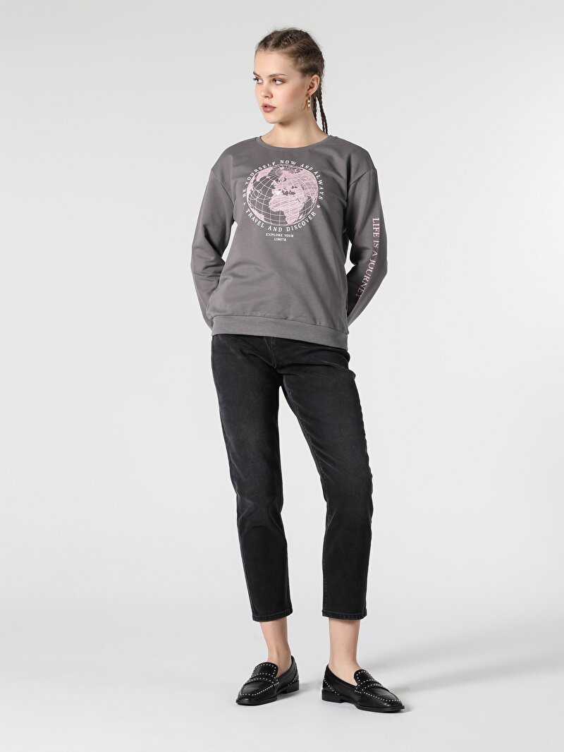 Regular Fit Baskılı Antrasit Kadın Sweatshirt