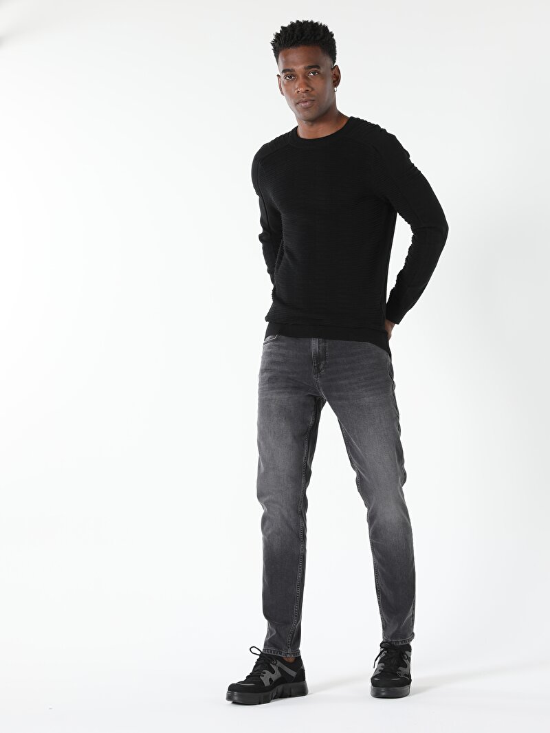 Regular Fit Yuvarlak Yaka Erkek Siyah Kazak