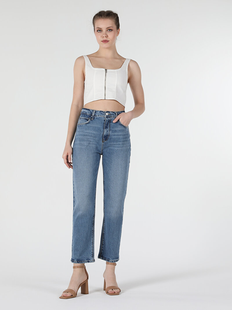 Regular Fit Yüksel Bel Düz Paça Kadın Açik İndigo Jean Pantolon