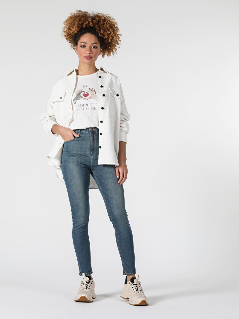 Relaxed Fit Erkek Beyaz Çift Cepli Uzun Kollu Gömlek