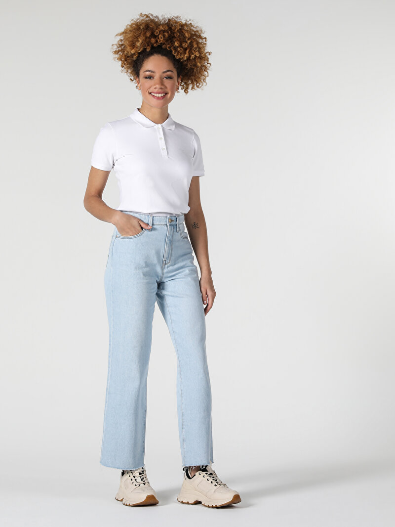 Slim Fit Polo Yaka Düz Kadın Beyaz Kısa Kol Tişört